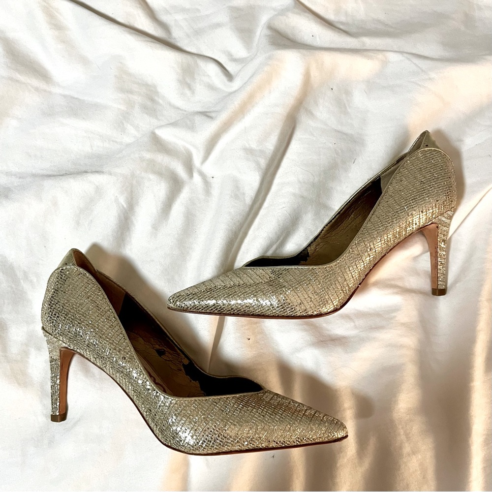 Sam Edelman Gold Sequin Glitter Pointed Toe Low Kitten Heels